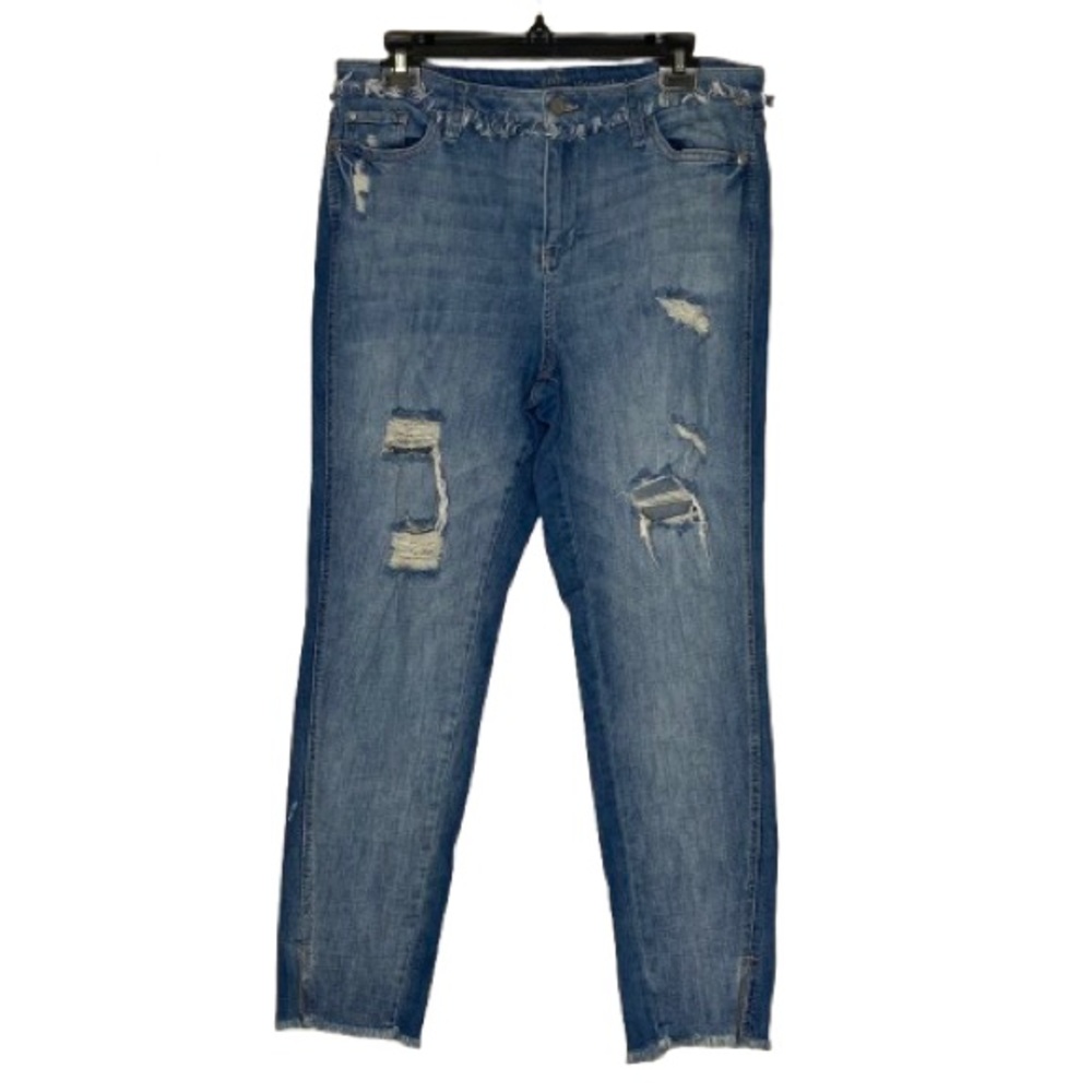 Soho Women's Distressed Boyfriend Jeans Size 12 Ankle Length Fringed Slits Edgy